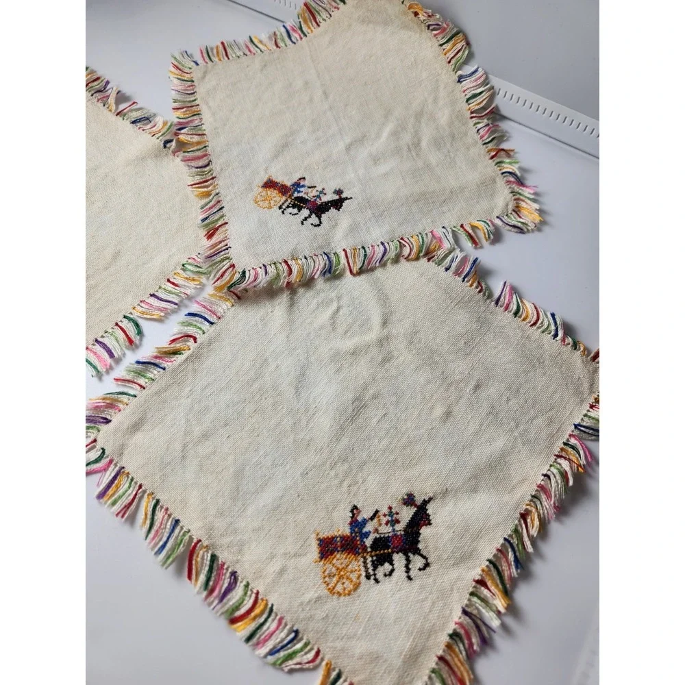 Dutch Cross Stitch Cocktail Napkins Linen Set - 3 Embroidery Horse Vintage